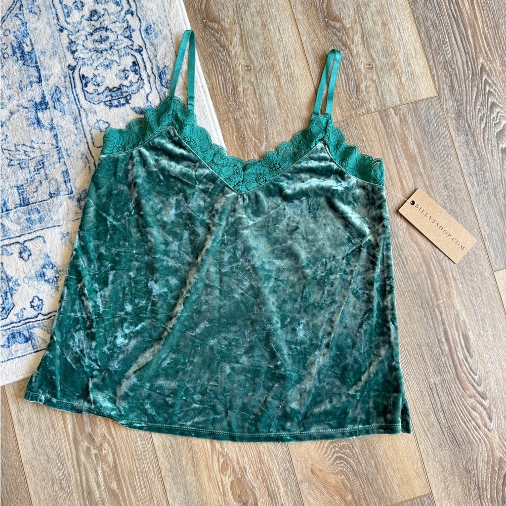 Billy T Green Velvet Cami Top with Lace Trim and Adjustable Straps